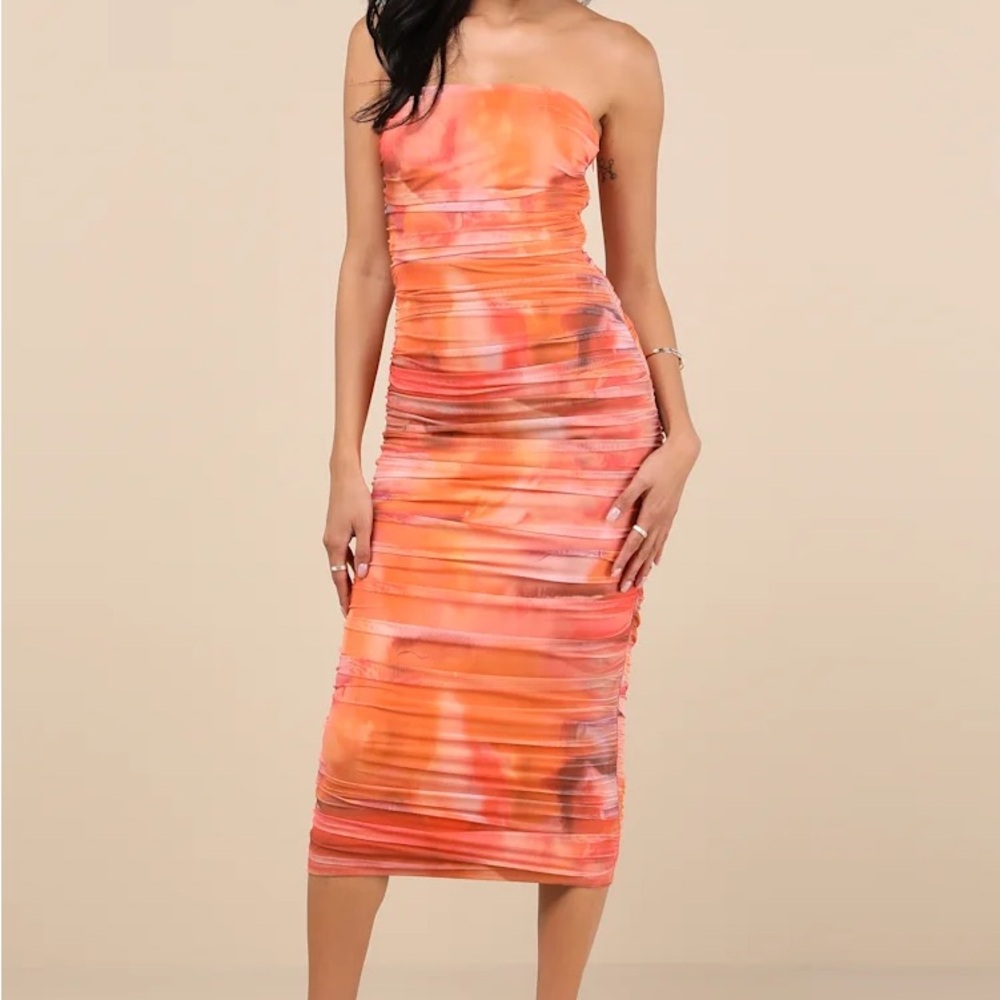 Lulu's Orange Pink Strapless Bodycon Midi Dress